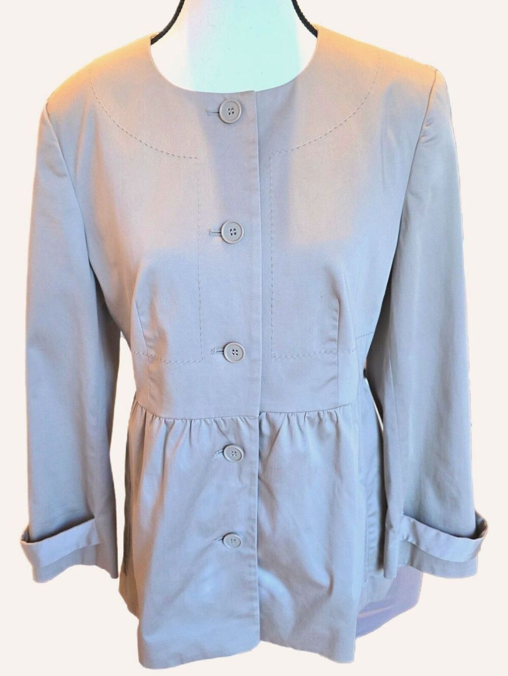 VTG Y2K Body By‎ Victoria Trench Jacket 8 Beige Peplum Collarless Coat 218915
